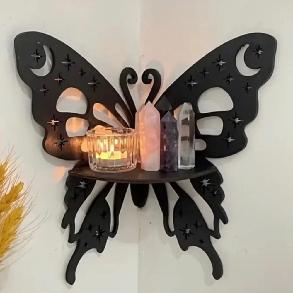 Butterfly Moon Laser Cut Black Wooden Floating Shelf
